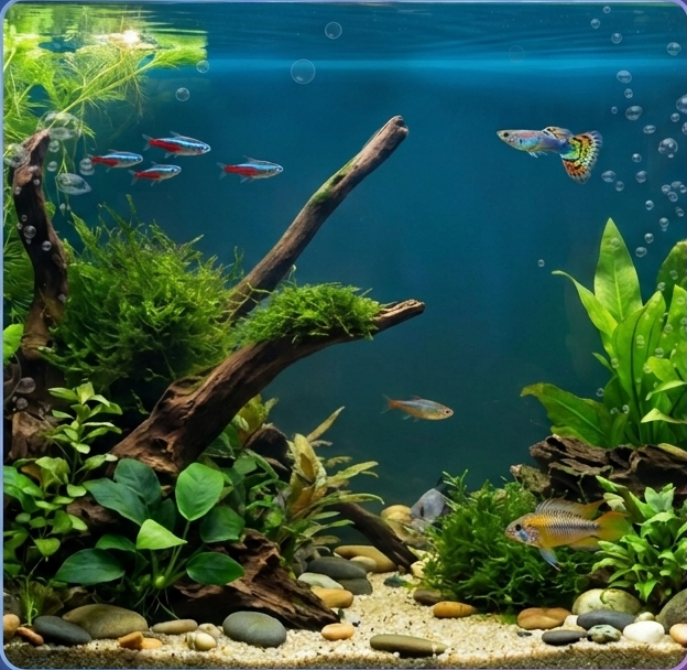 Acuario iluminado con plantas y decoración