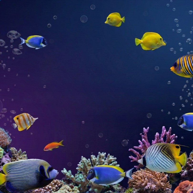 Peces exóticos de colores nadando entre corales